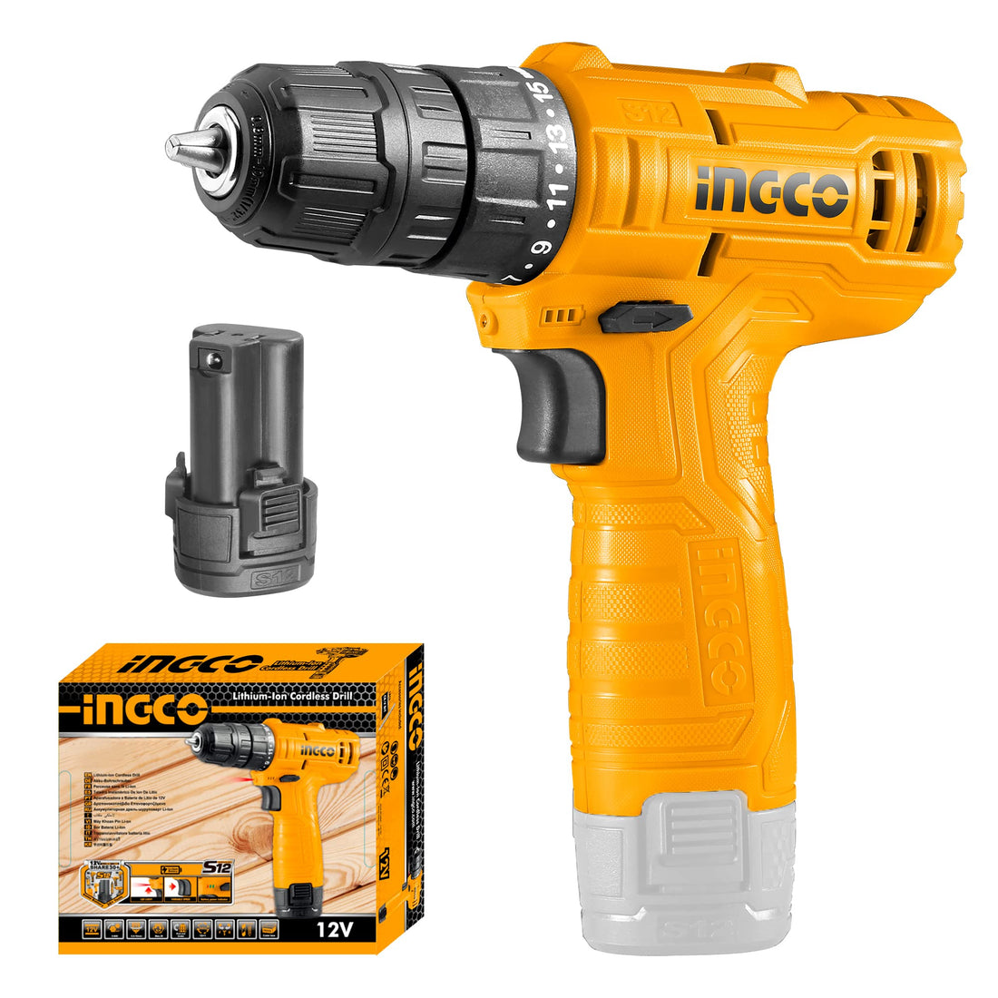 INGCO Cordless Drill, Electric Power Drill 12V Lithium-ion | 20NM | 0-750rpm | 0-3/8'' Chuck Capacity 15+1 Torque Setting LED Power Tool Kit With 1pcs 1.5Ah Battery for Home (1 Set)