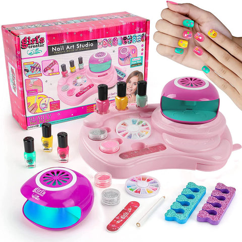 ONE TO FOUR Nail Polish Kit Girls Ages 6 - 12, Kids Nail Art Salon Set with Nail Dryer, Peelable Glitter Nail Polish, Nail Art Studio Makeup, Manicures Spa Decoration, Birthday Party Gifts Girls