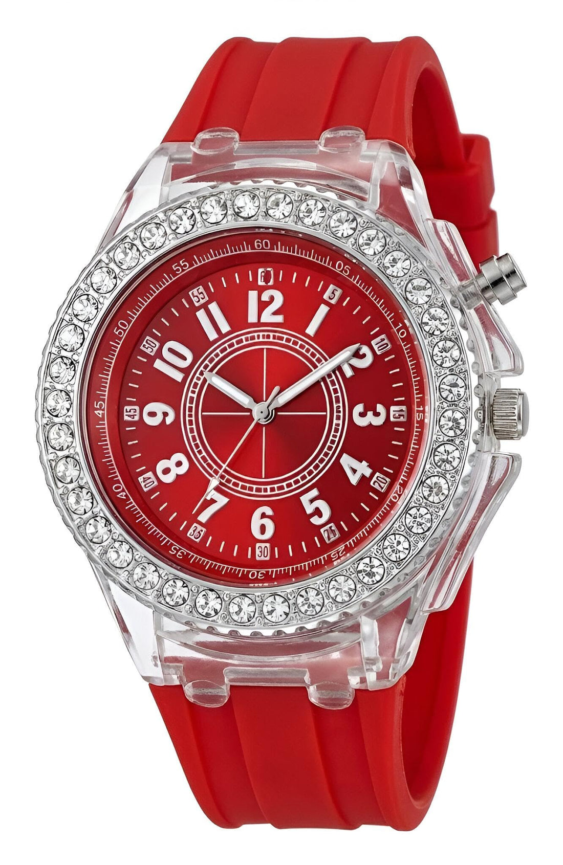 Casual Style Watch - Women’s quartz watch with multi-color silicone strap, crystal bezel, transparent case, blending elegance and comfort effortlessly