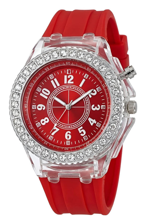 Casual Style Watch - Women’s quartz watch with multi-color silicone strap, crystal bezel, transparent case, blending elegance and comfort effortlessly