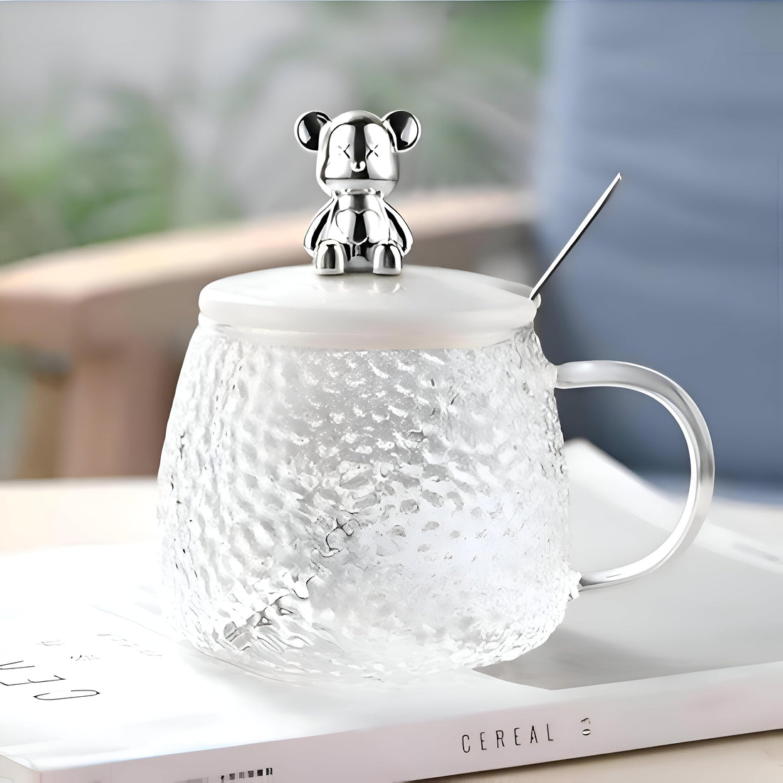 Bubbles Glass Tumbler with Bear Lid and Spoon 300ml, Perfect for Milk, Juice, Chocolate, Iced Coffee - Enjoy Your Drinks in Style!, Get It Now From Elegant Home