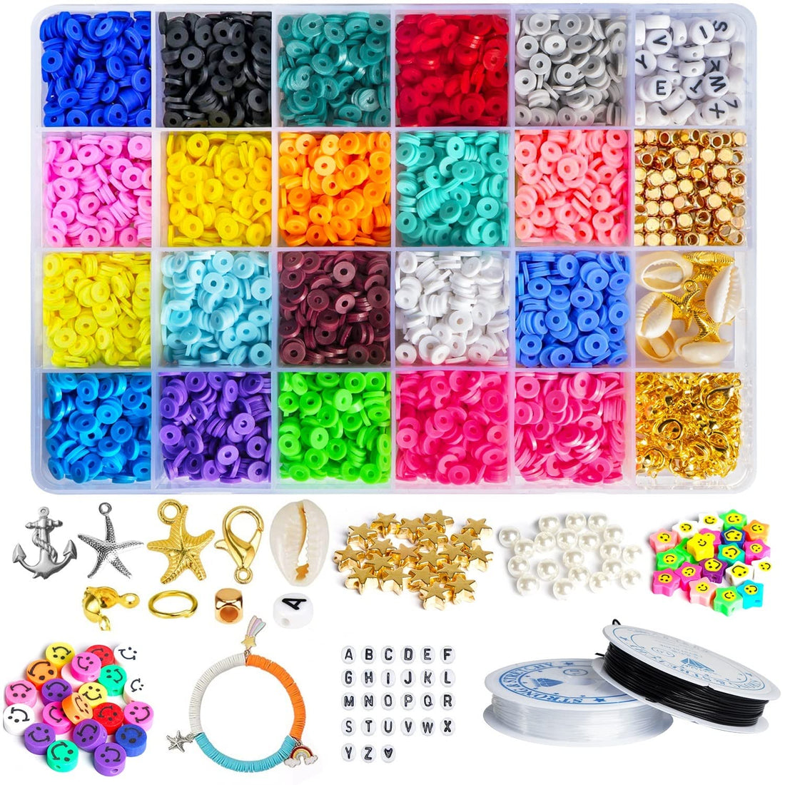 Polymer Clay Beads, 4380 Pcs Clay Beads Kit 6mm 20 Colors Flat Round Spacer Beads for Jewelry Making Bracelets Necklace Earing DIY Craft with Smiley Face Beads, Pendant Charms, 2 Roll Elastic Strings