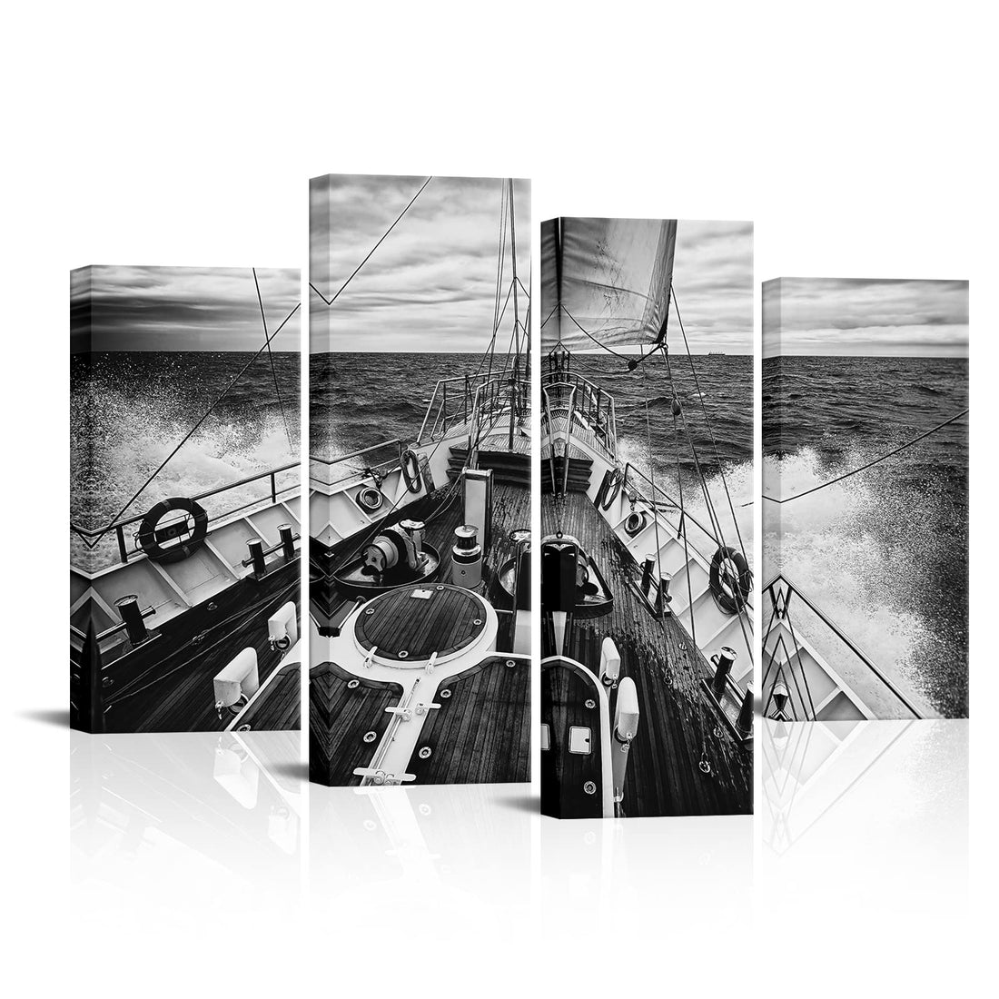 Nachic Wall 4 Piece Black and White Ocean Canvas Wall Art Sailing Yacht at Sunset Pictures Prints Sea Storm Painting