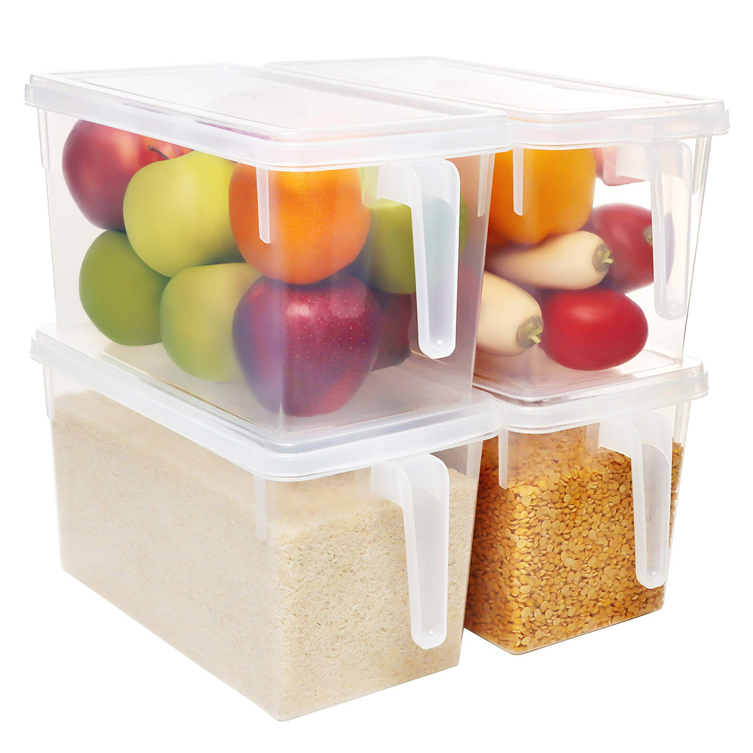 Kurtzy 4 Pack Kitchen Fridge & Cupboard Storage Containers with Handles and Lids - 30.5cm/12 Inches Overall Length - Clear Plastic Refrigerator Tubs for Bathroom, Pantry, Drawer, Freezer and Home