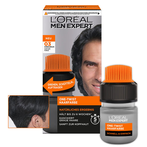 L'Oréal Men Expert Hair Colour for Men, 100% Grey Hair Coverage and 6 Weeks Hold, Suitable for All Hair Types, One-Twist Hair Colour, No. 3 Dark Brown, Pack of 1
