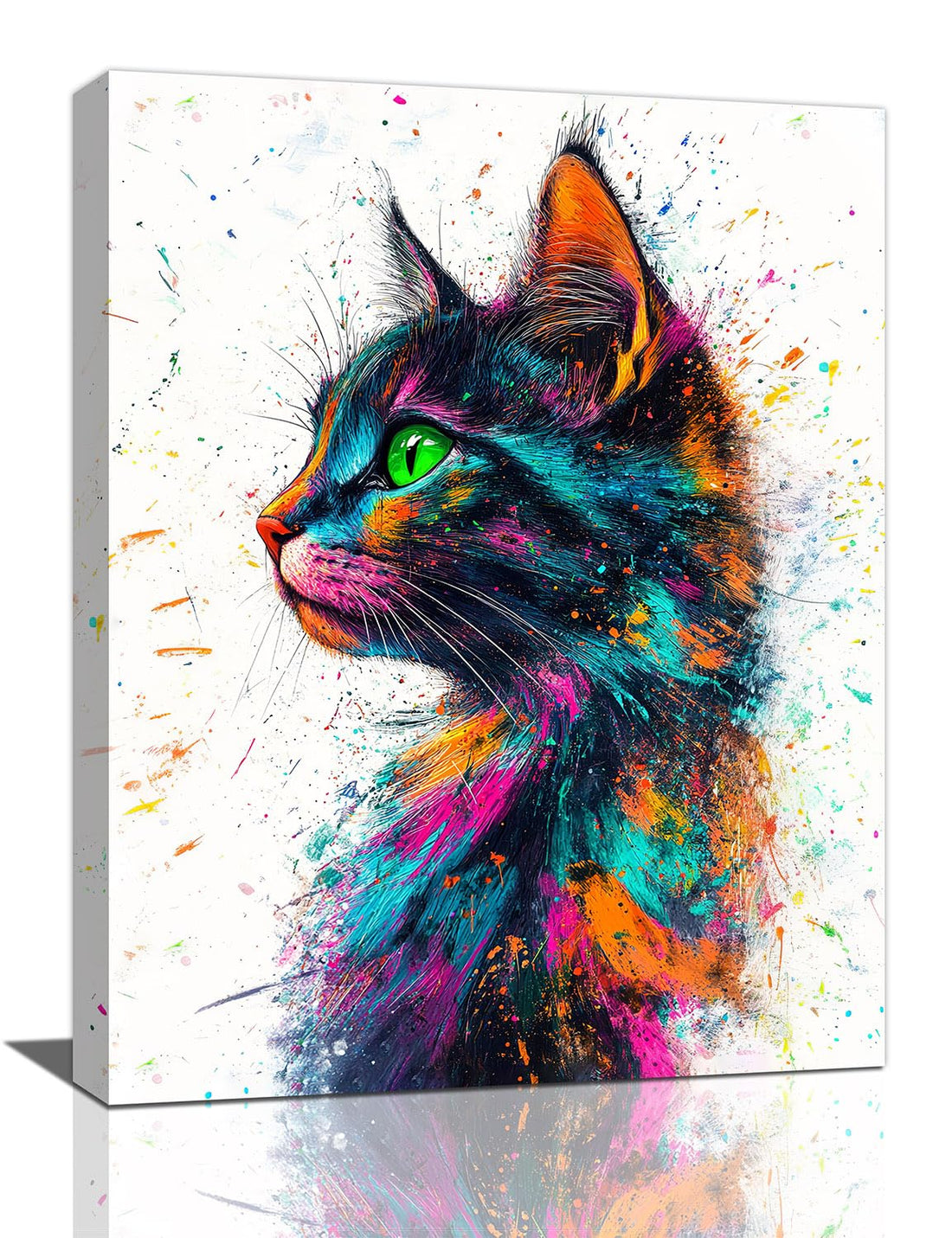 Olivine Black Cat Wall Art Lotus Picture, Watercolor Animal Bathroom Canvas Pictures, Colorful Cat Prints Painting for Toilet Bedroom 12"x16"