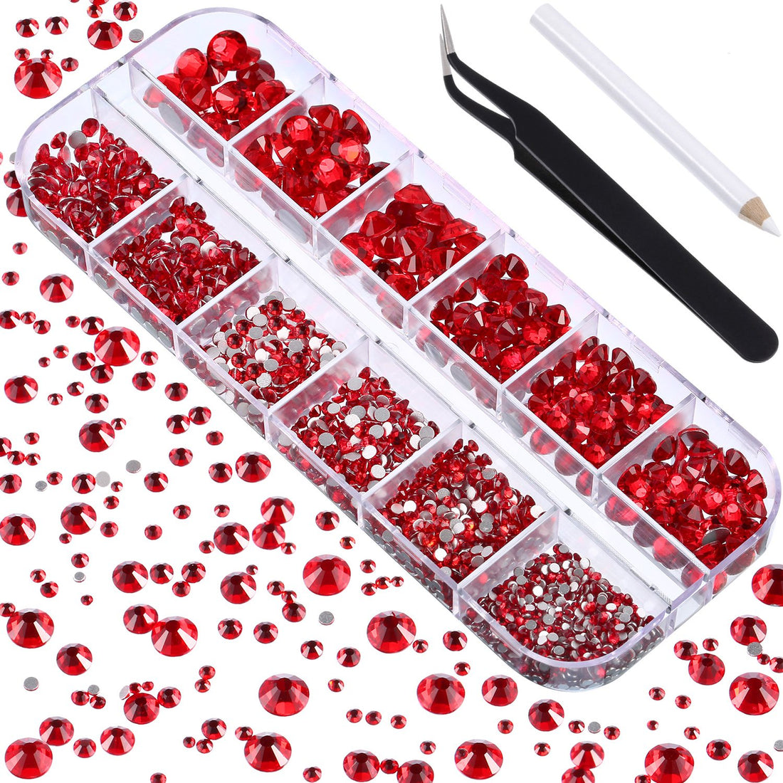 TecUnite 2000 Pieces Flat Back Gems Rhinestones 6 Sizes (1.5-6 Mm) Round Crystal Rhinestones with Tools for Crafts Nail Clothes Shoes Bags DIY Art (Red)