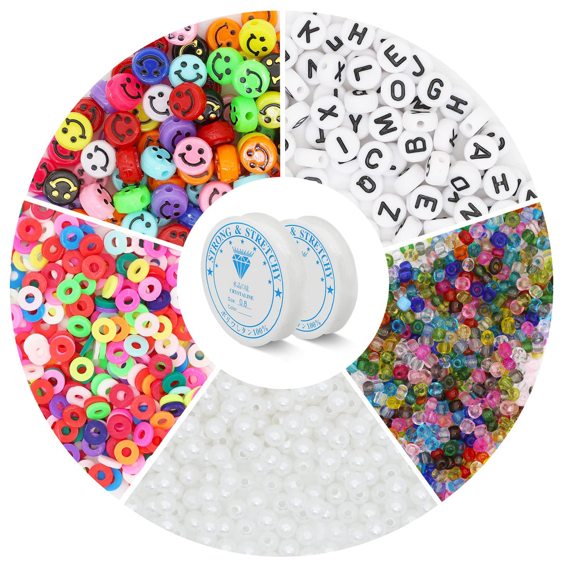 DTCRAFT Smiley Face Beads Pearl Beads for Jewelry Making,1600 PCS Cute Aesthetic Beads Set Including Happy Face Beads, Pearls Beads,Flat Heishi Beads, Letter Beads, Seed Beads and Elastic String