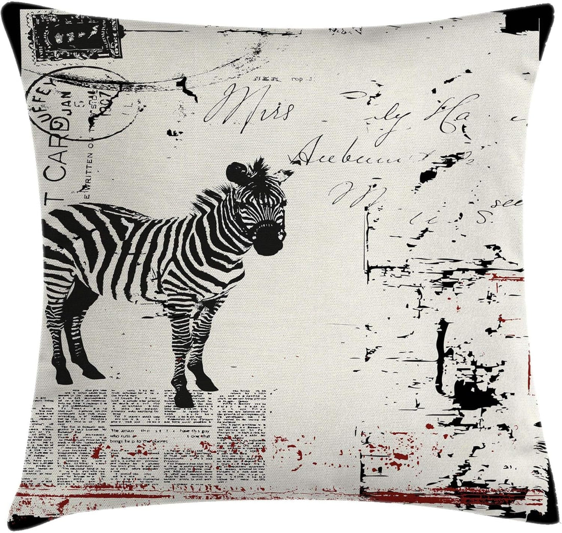 Grunge Throw Pillow Cushion Cover, Modern Textured Savannah Animal Zebra on Retro Typographic Background Print, Decorative Square Accent Pillow Case, 18 * 18, Black Cream