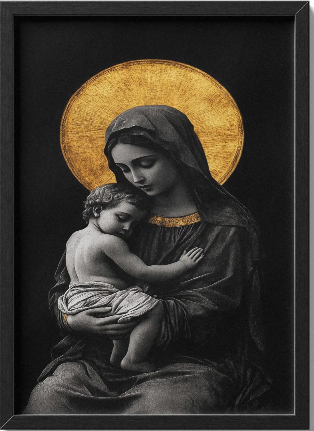 Virgin Mary and Child Classical Portrait – Black & White Fine Art Print with Gold Halo & Black Frame – 40×30 cm Wall Art