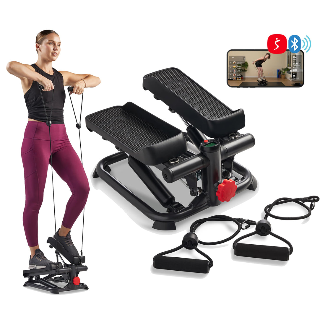 Sunny Health & Fitness Mini Stepper for Exercise at Home, Stair Step Workout Machine with Resistance Band and Over 300lb Weight Capacity, Optional Twist Motion and Free SunnyFit App Connection