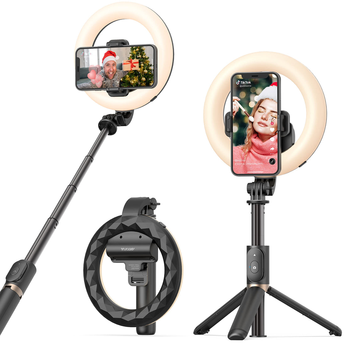 Selfie Ring Light Stick with Tripod Stand and Phone Holder with Bluetooth Remote and 3 Color Modes, 9 Adjustable Brightness