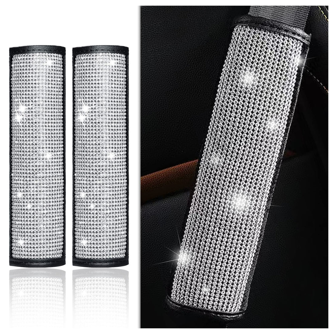 Aokdom Bling Seat Belt Covers for Cars for Women,2-Pack Shiny&Comfortable Rhineston Car Seat Belt Shoulder Pads Set,Glitter Crystal Car Decor for Women/Girls/Ladies Bling Car Accessories (Bling-002)