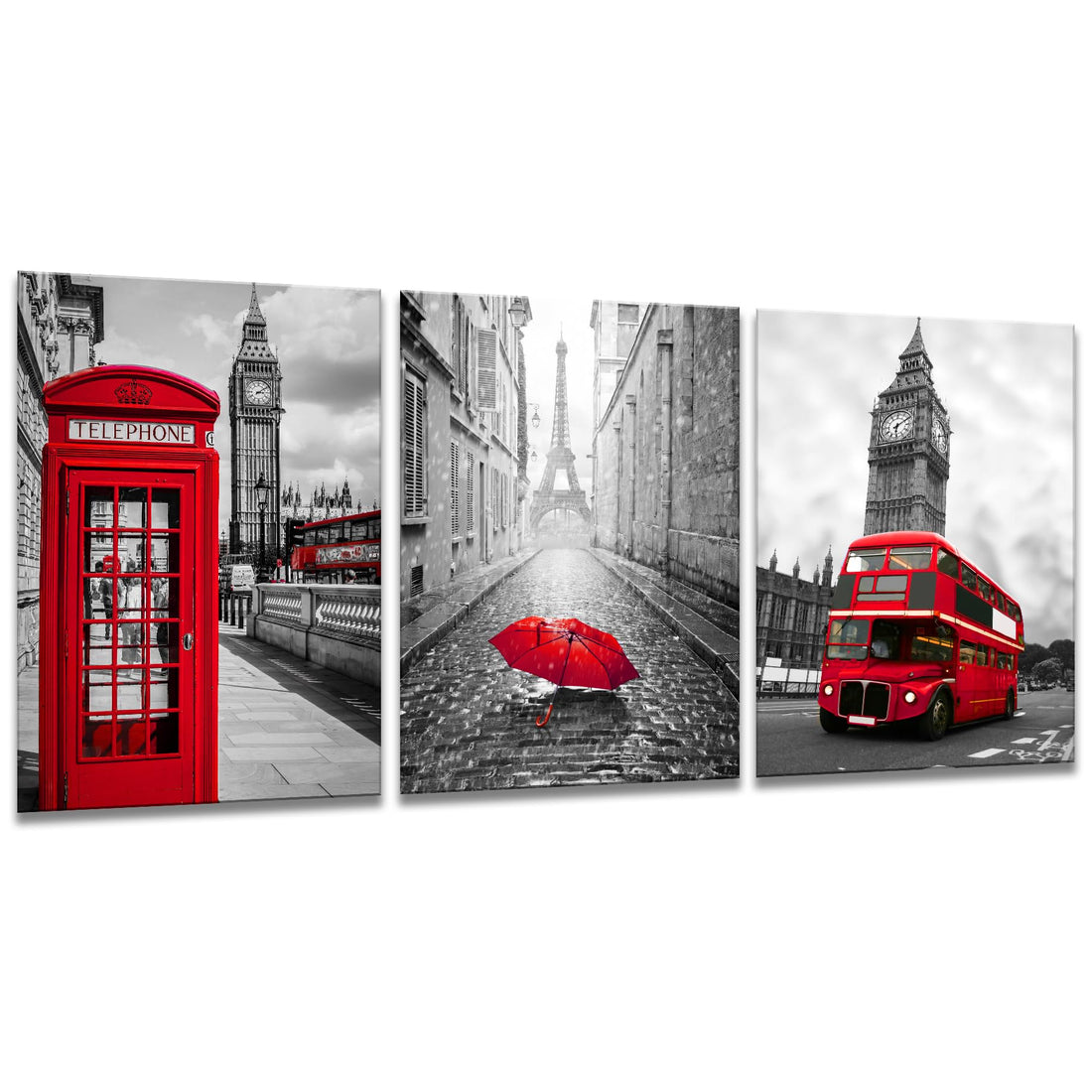 ZHJLUT Lundon Bus Canvas Wall Art/Red Telephone and Umbrella Picture/Eiffel Tower and Big Ben Print For Home Decorations Wall Painting Bathroom Accessories Prints 12''x18'' Unframed