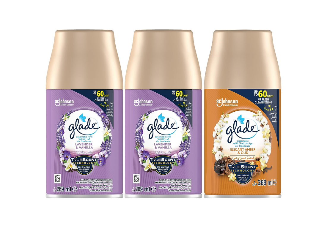Glade Automatic Spray Refill 2 x Lavender & Vanilla & 1 x Amber & Oud Air Freshener, For Up To 60 Days Of Automatic Freshness, 3 x 269ml