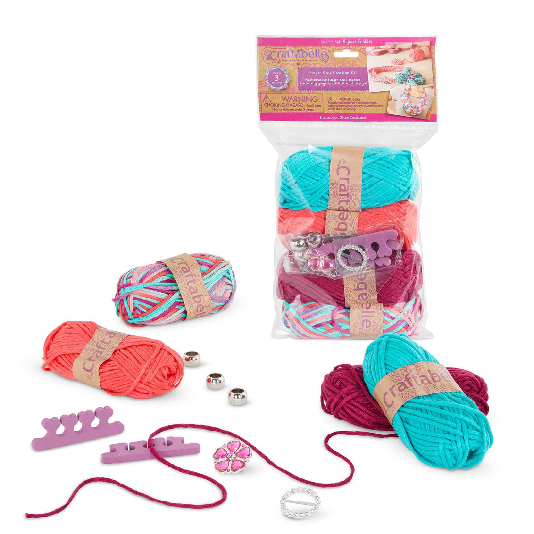 Finger Knit Creation Kit – Beginner Knitting Kit – 11pc Weaving Set with Yarn and Accessories – DIY Craft Kits for Kids Aged 8 Years +