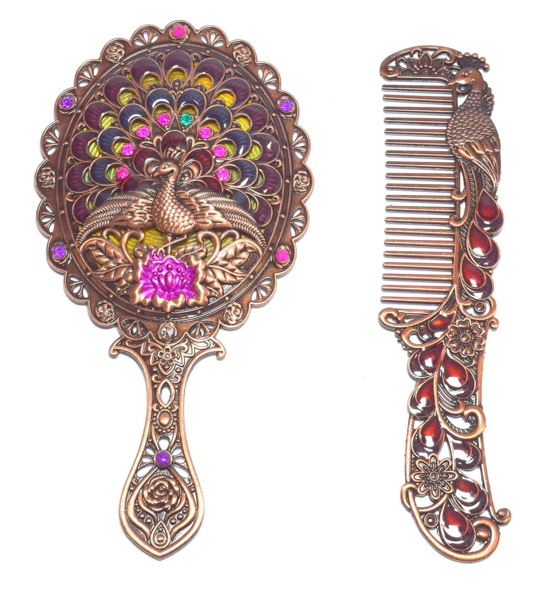 immatgar pharaonic Peafowl makeup pocket mirror with comb ancient Egyptian souvenirs gifts for women and mother from Egypt - mother day gifts (Peafowl 3 - Red - 13 CM Tall)