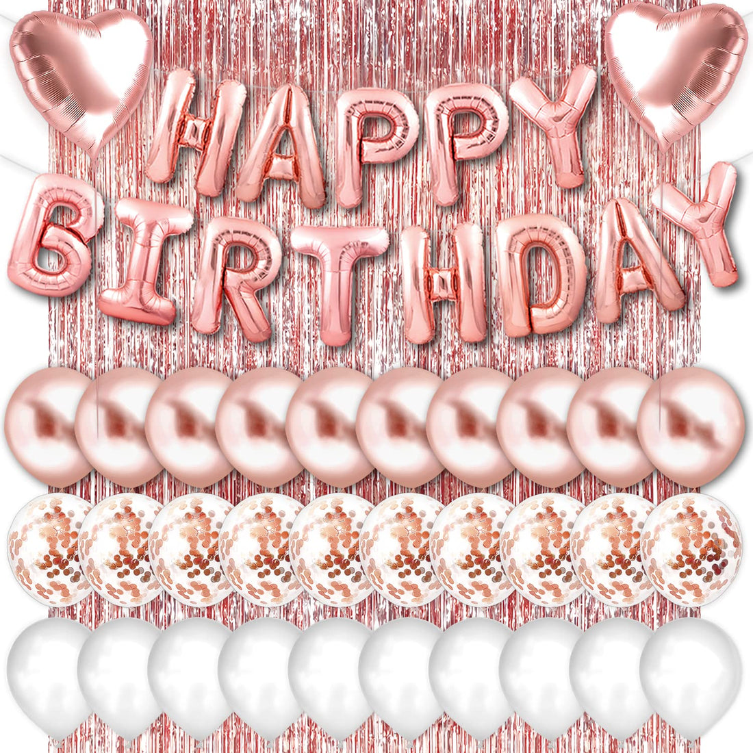PartyForever Rose Gold Happy Birthday Balloons Banner 16inch Tall Set for Her Birthday Party Decorations and Supplies Kit for Women and Girls with Confetti Balloons and Foil Fringe Curtain