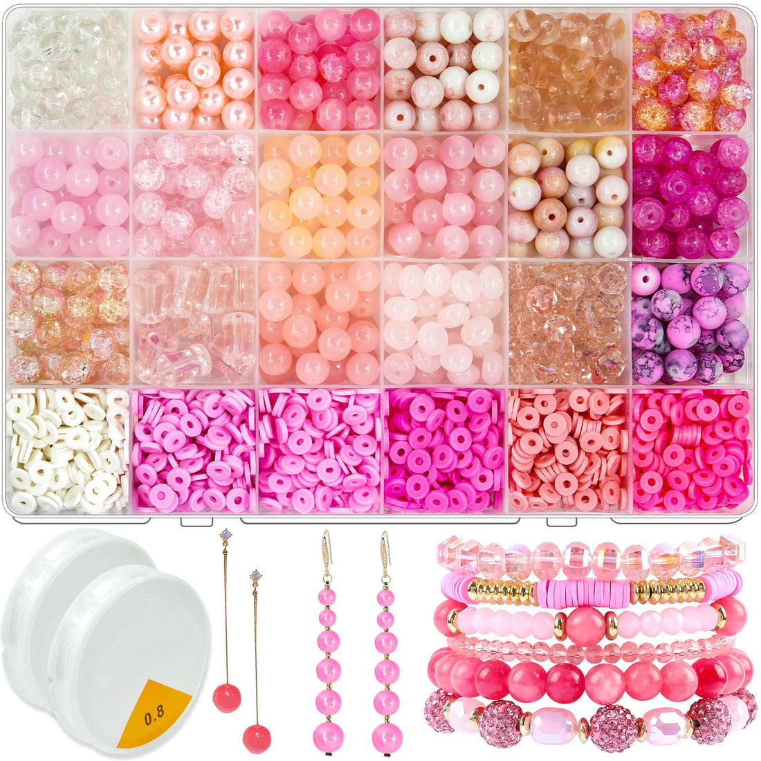 2000PCS+ Pink Glass Beads for Jewelry Making, 8mm Glass Bead Pink Polymer Clay Beads Round Spacer Crystal Beads for Mother's Day Spring Party Friendship Bracelet Making (Pink 8MM)