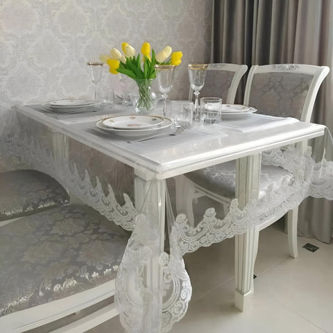 Generic Clear Plastic Tablecloth Disposable Rectangle Tablecloth Waterproof Oil-Proof Beautiful Lace Table Cloth for Kitchen Wedding Party Decoration (Transparent White, 140 * 220cm)