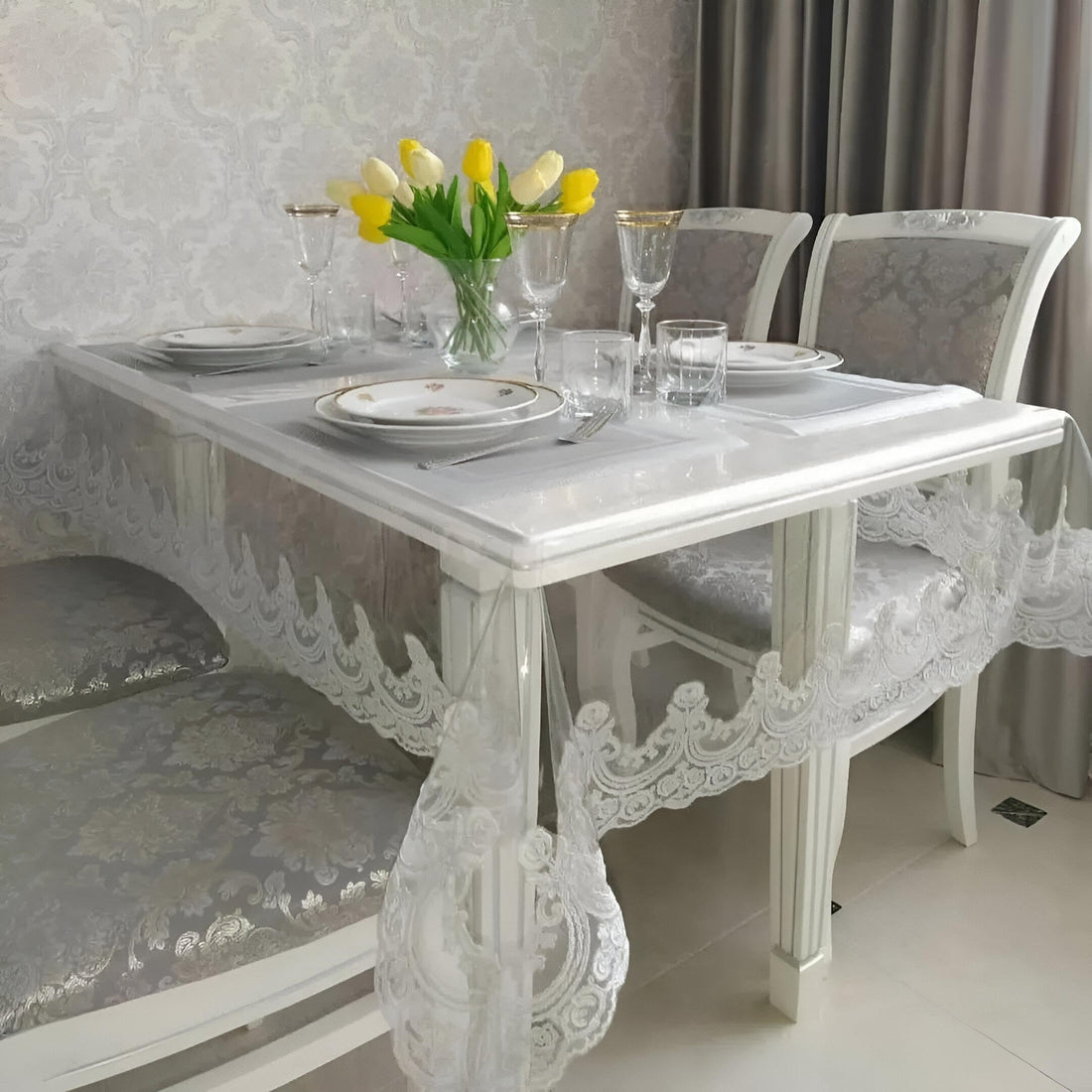 Generic Clear Plastic Tablecloth Disposable Rectangle Tablecloth Waterproof Oil-Proof Beautiful Lace Table Cloth for Kitchen Wedding Party Decoration (Transparent White, 140 * 220cm)