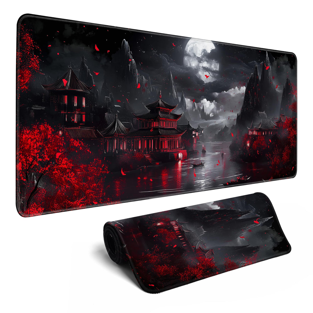 Japanese Riverside Full Moon Desk Mat Large Mouse Pad Gaming Mousepad Extended XL Keyboard Mat Computer Laptop Mouse Desktop Mat 31.5 X 11.8 Desk Decor