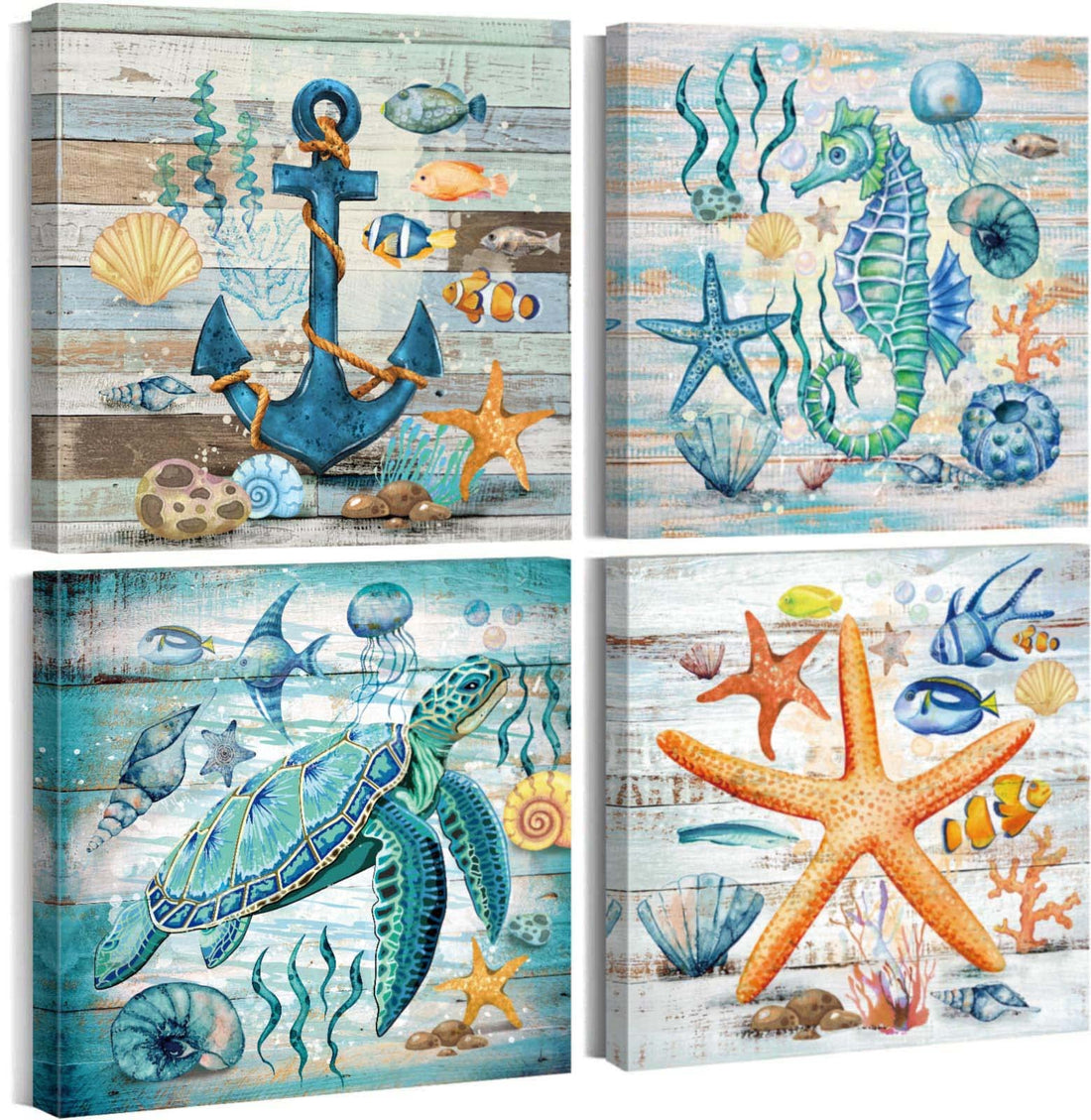 Sea Turtle Wall Art Small Beach Theme Bathroom Wall Decor Teal Nautical Anchor Decor Farmhouse Animal Artwork Coastal Sea Life Pictures for Nursery Bedroom Kitchen Office Abstract Starfish Art 10x10IN