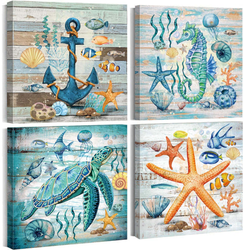 Sea Turtle Wall Art Small Beach Theme Bathroom Wall Decor Teal Nautical Anchor Decor Farmhouse Animal Artwork Coastal Sea Life Pictures for Nursery Bedroom Kitchen Office Abstract Starfish Art 10x10IN