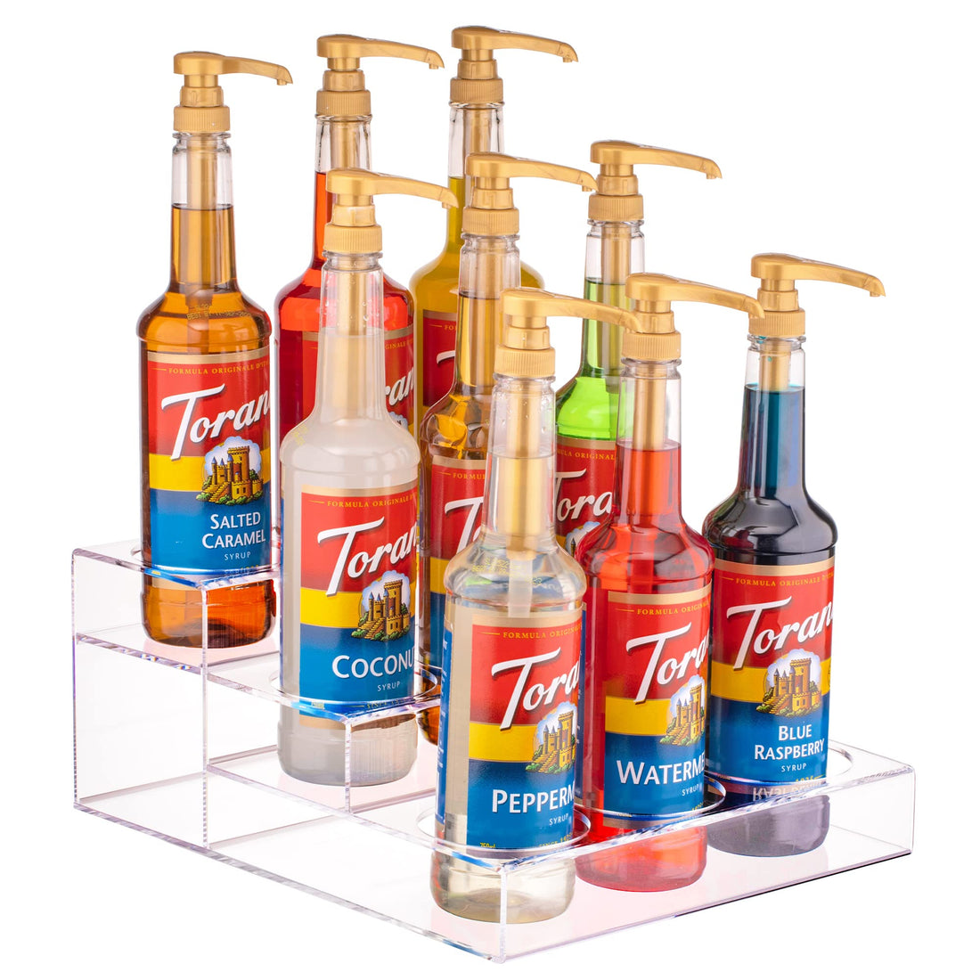 BEST MEDIA Acrylic Bottle Holder, Display Rack for 6 Bottles, Clear Stand for Kitchen Countertop Pantry Fridge Storage, Organizer for Soda Syrups Beer, Transparent - 3 Tier