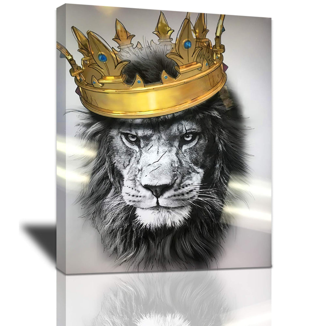 Black and White Lion with Crown Canvas Wall Art Abstract King Animal Artwork Lion Head Portrait Gold Modern Home Print Painting Large Wooden Wall Décor Framed Poster for Bedroom Bathroom 12x16 Inch