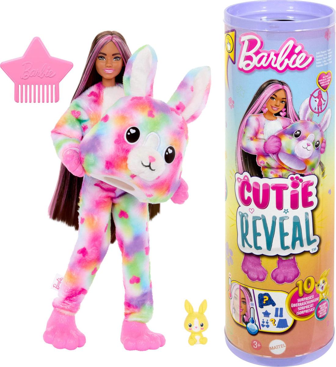 Barbie Barbie Cutie Reveal Doll and Accessories with Plush Tie-Dye Bunny Costume and 10 Surprises Including Colour Changing, Colorful Dream Series, HRK38