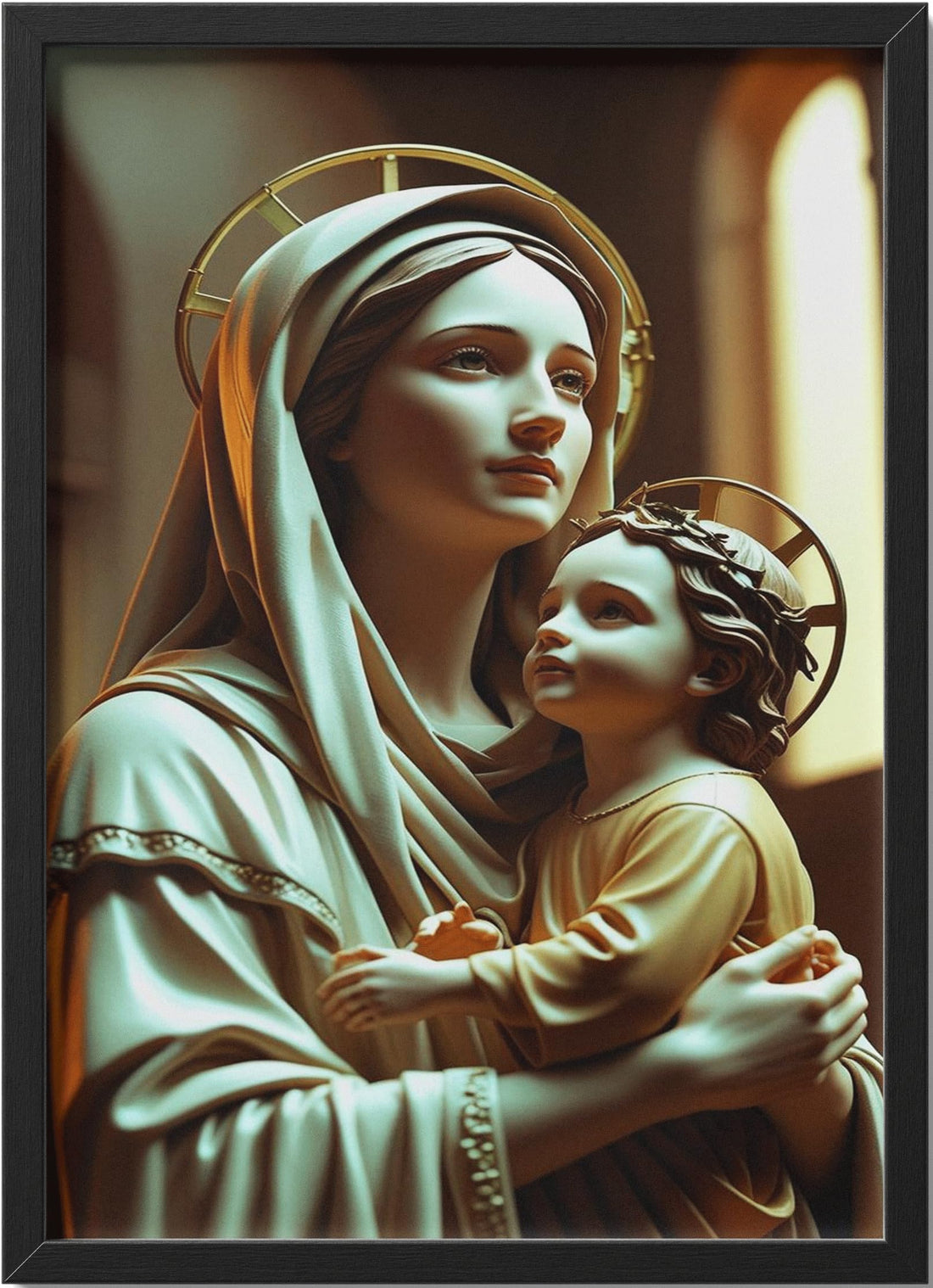 Virgin Mary and Baby Jesus Golden Light – Divine Elegant Print with Black Frame – 40×30 cm Wall Art