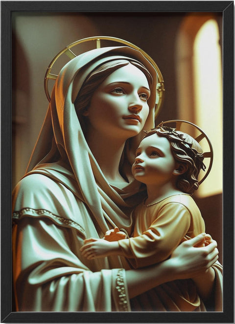 Virgin Mary and Baby Jesus Golden Light – Divine Elegant Print with Black Frame – 40×30 cm Wall Art