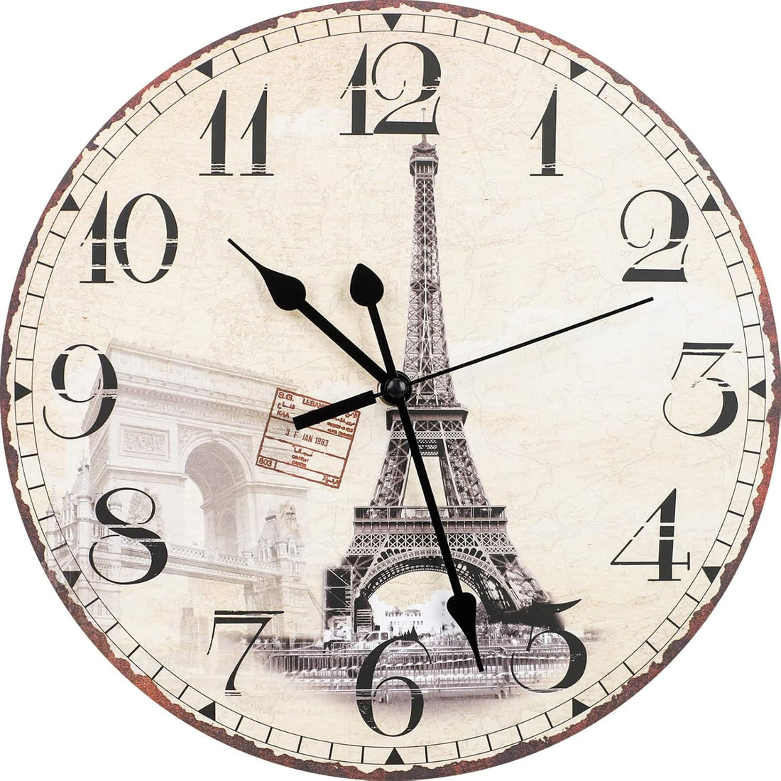 Wall Clock 12-Inch,Eiffel Round Clock, Silent Non-Ticking Decorative Clocks Quartz Battery Operated, Retro White