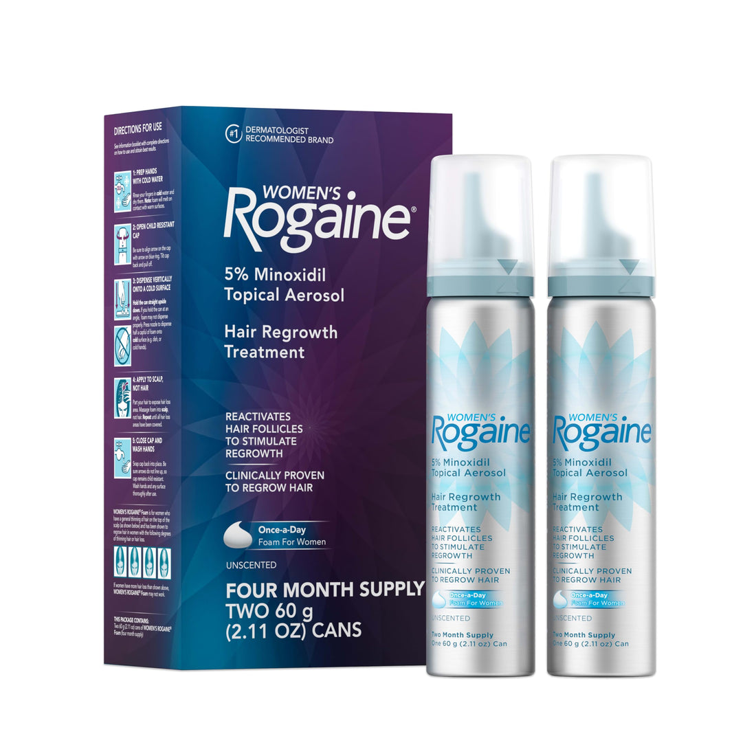 Rogaine Women's 5% Minoxidil Foam, Topical Once-A-Day Hair Loss Treatment for Women to Regrow Fuller, Thicker Hair, Unscented, 4-Month Supply, 2 x 2.11 oz