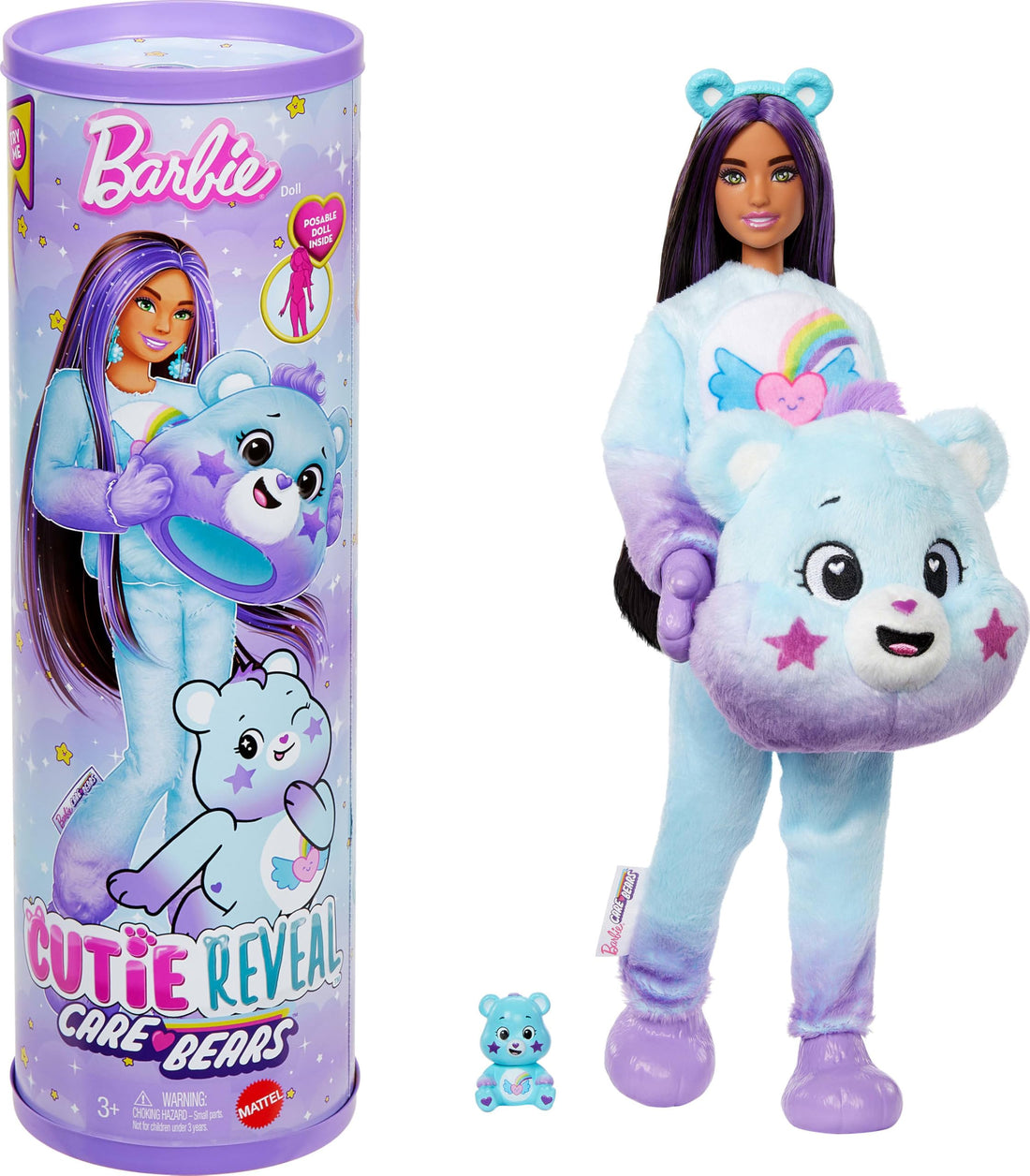 Barbie - Dream Bright Bear Cutie Reveal Care Bears Series 2 Doll with Plush Costume and Mini Bear, 10 Surprises and Accessories with Color Changing Effect, Kids Toy 3+ Years JFV61