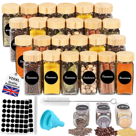 VZOXL 24 Pcs Spice Jars, 4oz Empty Glass Spice Jars, Square Bamboo Spice Jars for Herbs, Spices & Seasoning -Kitchen Storage & Organisation of Spice Jars with Lids and Labels.