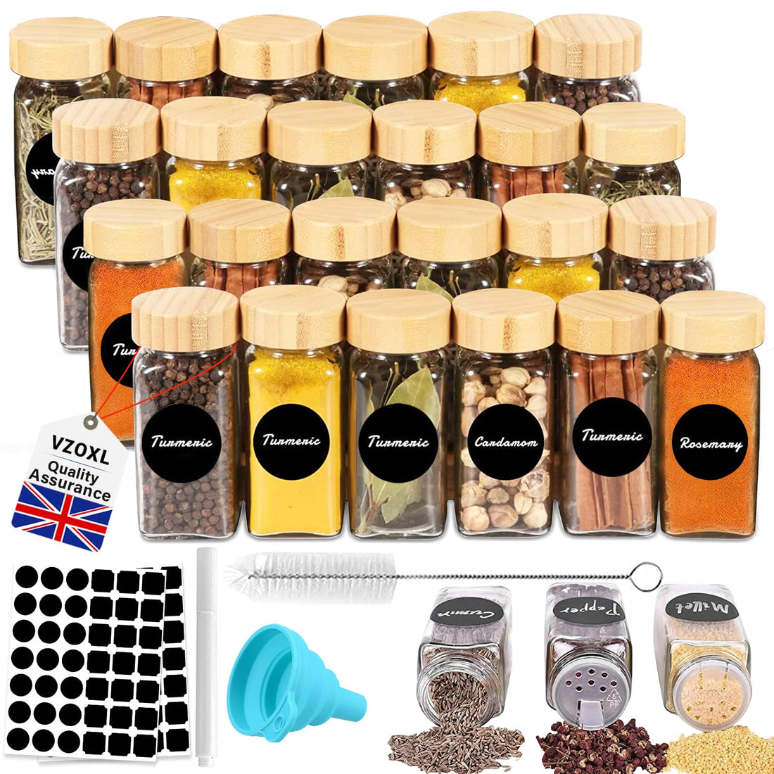 VZOXL 24 Pcs Spice Jars, 4oz Empty Glass Spice Jars, Square Bamboo Spice Jars for Herbs, Spices & Seasoning -Kitchen Storage & Organisation of Spice Jars with Lids and Labels.