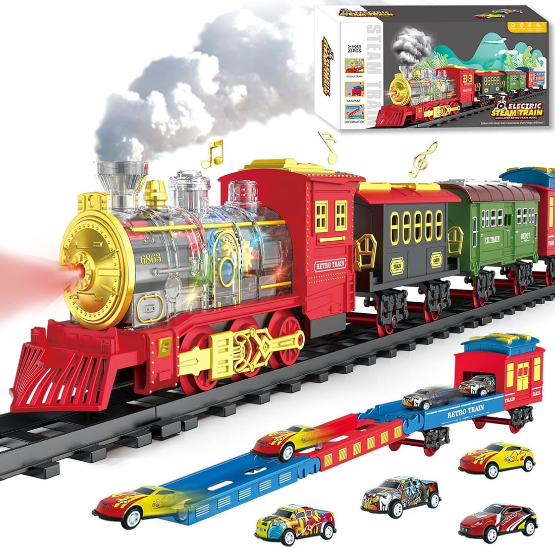 TOYS LAND Electric Train Set for Kids, Rechargeable Train Toy with Steam Smoke, Lights & Sound, Locomotive Trains Model with Tracks, Foldable Wagons & 4 Diecast Cars, Birthday Gift Boys Girls Aged 3-8