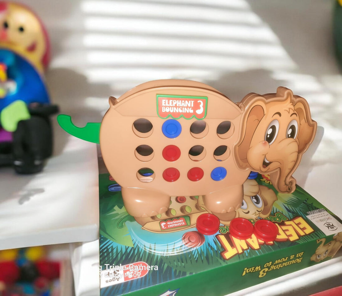 Elephant Bouncing 3 in a Row Board Game, Fun Strategy Toy for Kids, Includes Red and Blue Discs