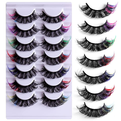 fashion mania 7 Pairs Pack False Eyelashes Colorful Russian Strip Lashes Colored Faux Mink Lashes Natural Wispy Fluffy 21MM 3D Effect Color Fake Eyelashes for Festival