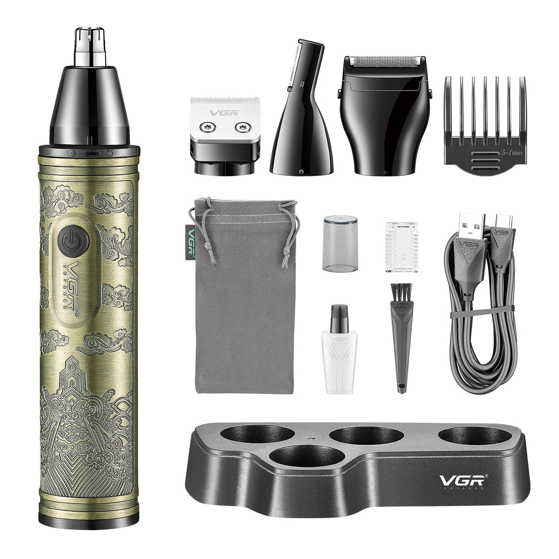 VGR 3-in-1 Nose and Ear Hair Trimmer for Men - Eyebrow Body Razor and Beard Trimming Attachment - Cordless Rechargeable 120 mins Battery - Painless Nostril Nasal Remover