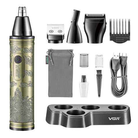 VGR 3-in-1 Nose and Ear Hair Trimmer for Men - Eyebrow Body Razor and Beard Trimming Attachment - Cordless Rechargeable 120 mins Battery - Painless Nostril Nasal Remover