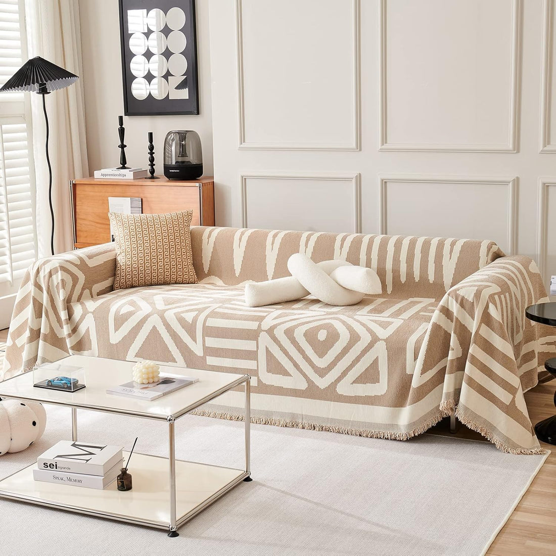 Oasisgalore 180 * 230 CM Reversible Chenille Sofa Covers, Beige-White Double Sided Sofa Slipcovers Towel Couch Cover with Tassels