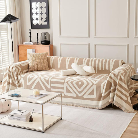 Oasisgalore 180 * 230 CM Reversible Chenille Sofa Covers, Beige-White Double Sided Sofa Slipcovers Towel Couch Cover with Tassels