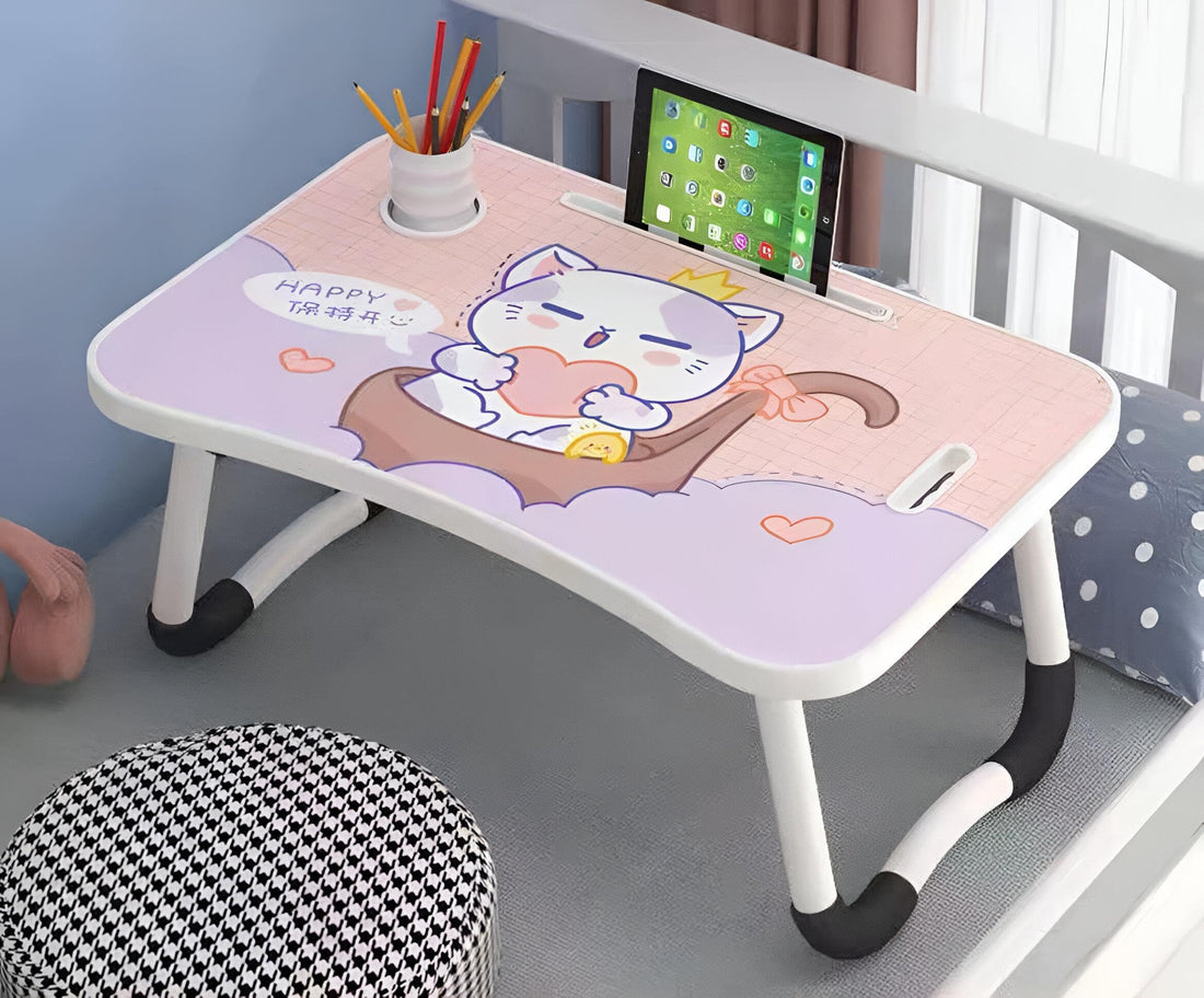 Pink Purple Tray - Foldable bed table with cup holder, cute cat motif, perfect for kids' homework, laptop use, snacks, and reading in bed or on the sofa, ergonomic and light
