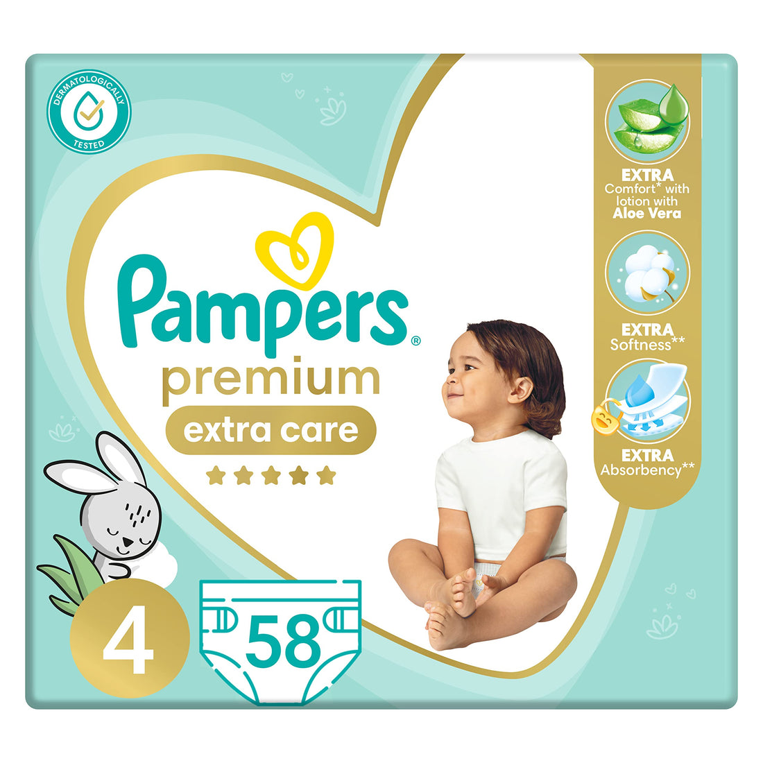 Pampers Premium EXTRA CARE Taped Diapers, Size 4, 9-18 kg, with Lotion with Aloe Vera, 58 Baby Diapers