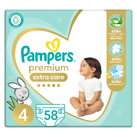 Pampers Premium EXTRA CARE Taped Diapers, Size 4, 9-18 kg, with Lotion with Aloe Vera, 58 Baby Diapers