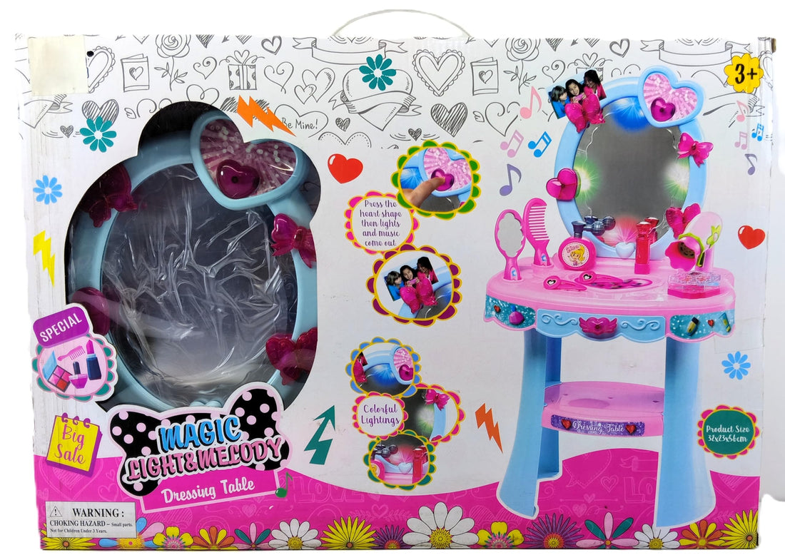 Magic Light and Melody Dressing Table Toy for Girls Ages 3 and Above with Accessories, Plastic, Pink and Blue