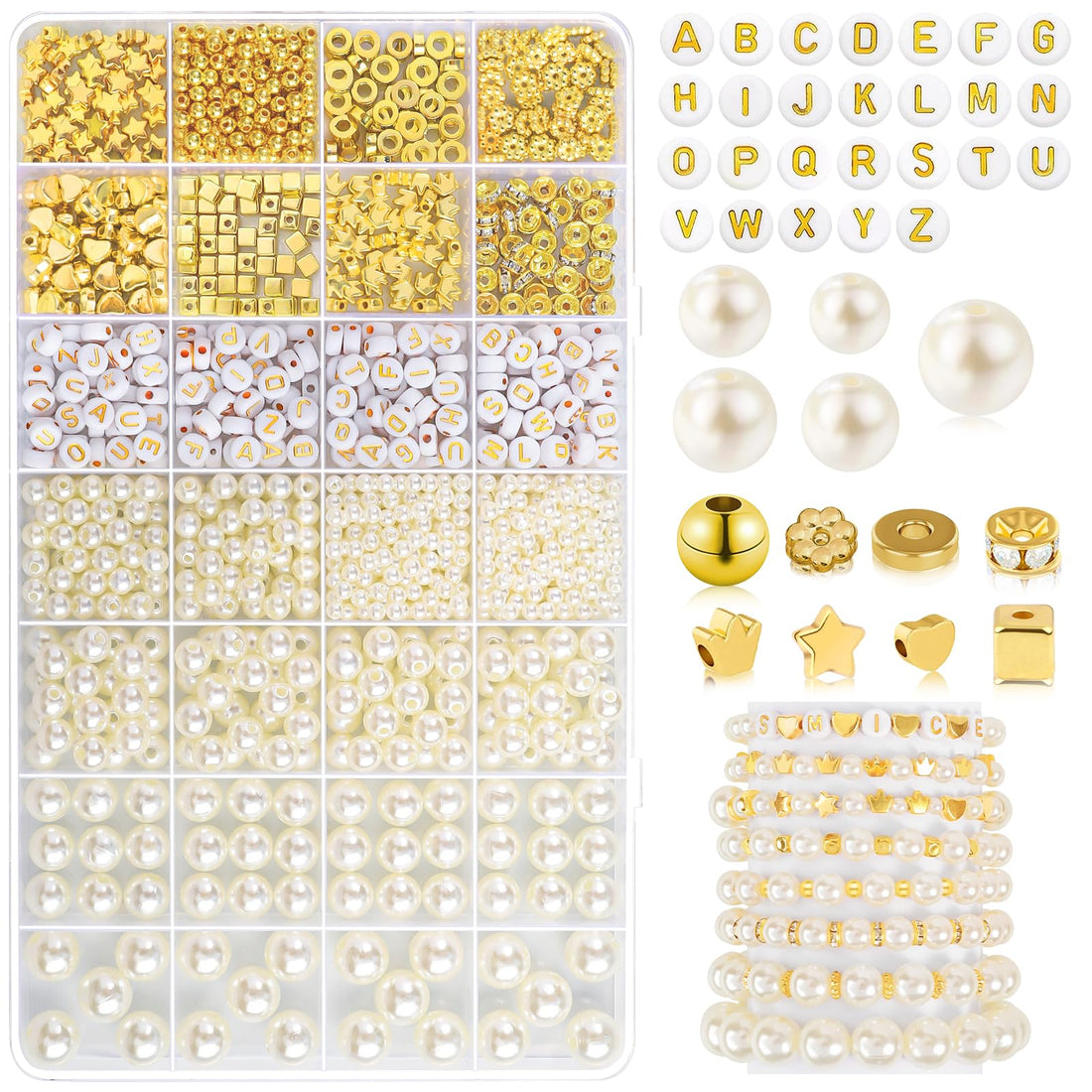Japior 1426Pcs Pearl Beads for Bracelet Making Kit Pearls Beads for Jewelry Making Supplies Letter Beads Gold Spacer Beads Friendship Bracelet Kit for Women Girls